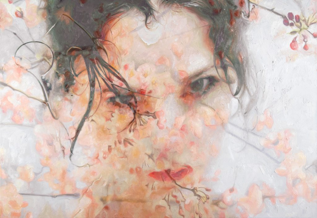 alyssa monks painting woman portrait face cherry blossoms